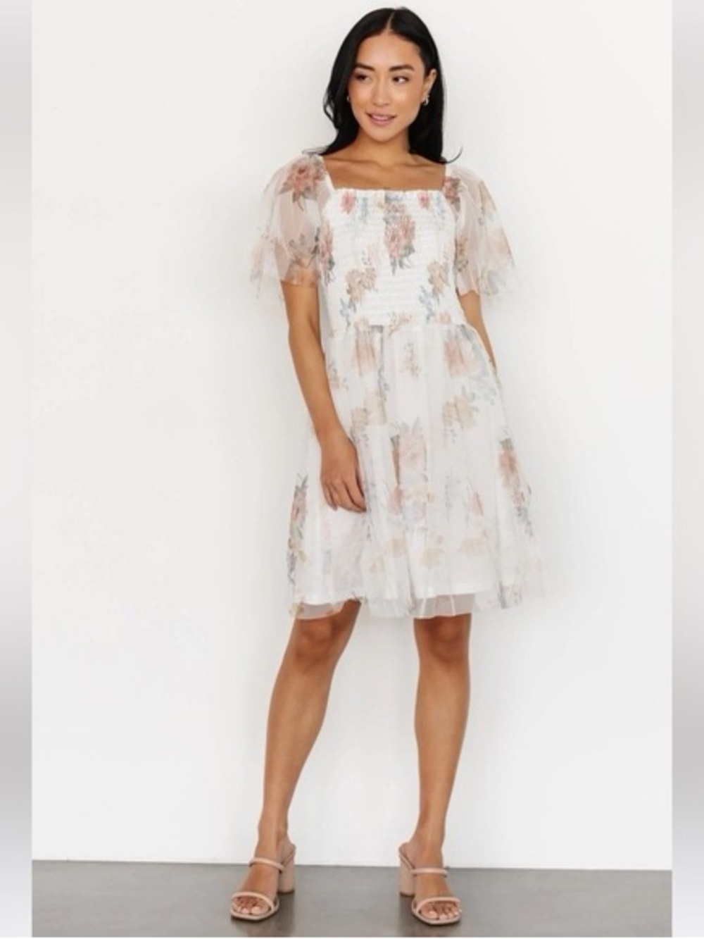 Baltic Born White Floral Puff-Sleeve Smocked Dress- Tivoli Tulle